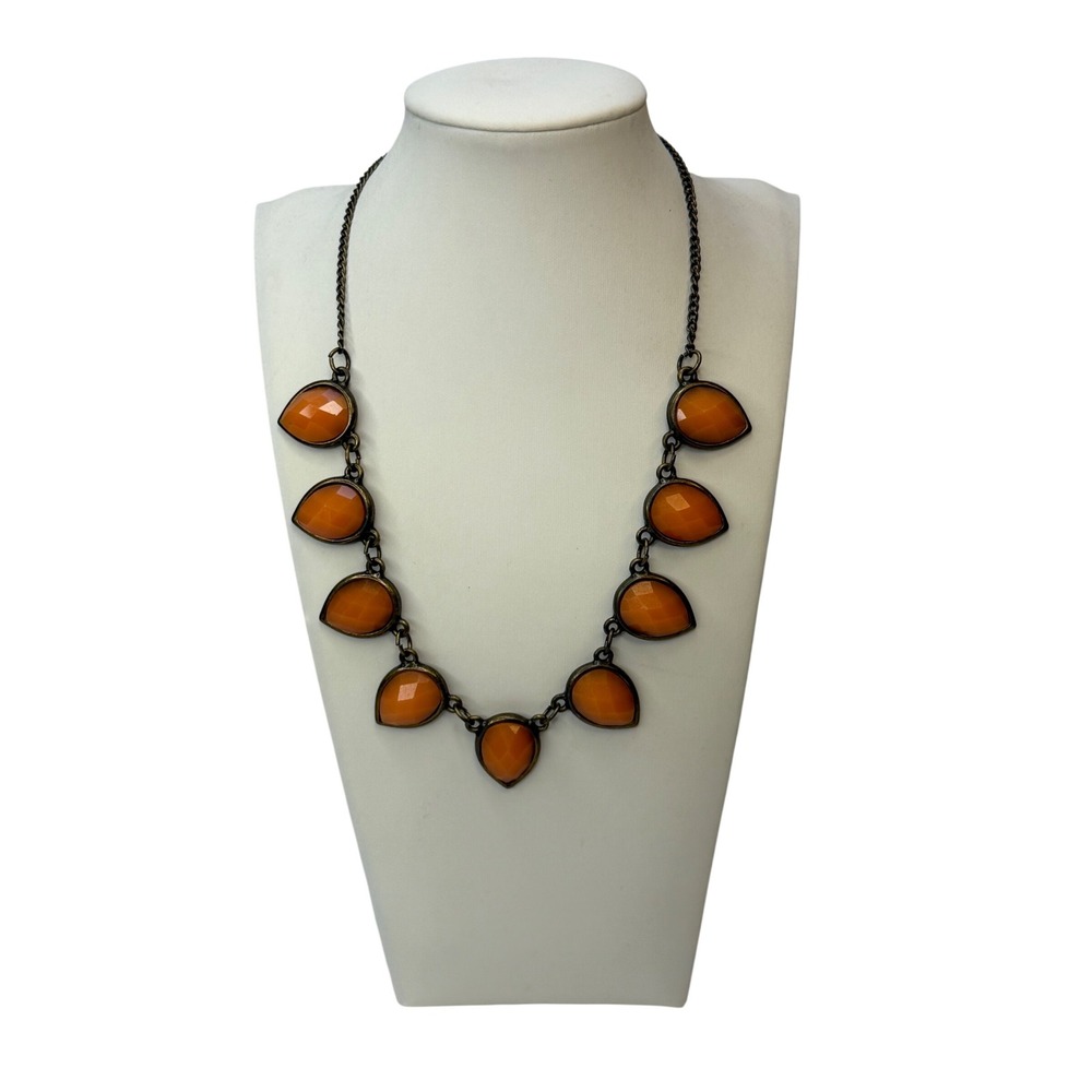 Burnt Orange Teardrop Bib Necklace Antique Brass Tone Statement Boho‎ Y2K Chunky